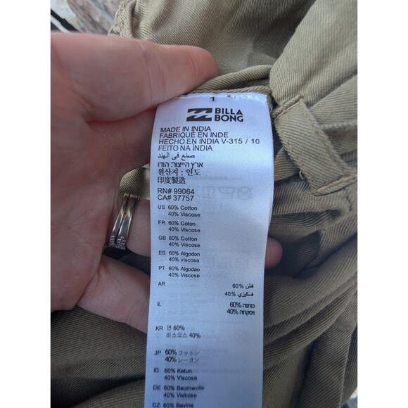 Billabong Sand Stand Army Olive Green Belted Paperbag Waist Pants Size Medium - Picture 8 of 8